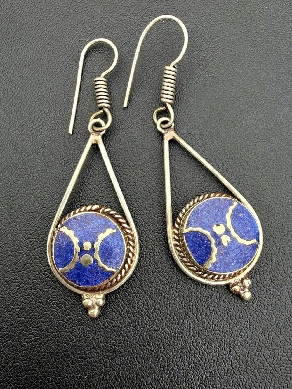 Earrings Drop Dangle Tibetan Silver Tone Blue Lapis Teardrop 2.25” Metalwork